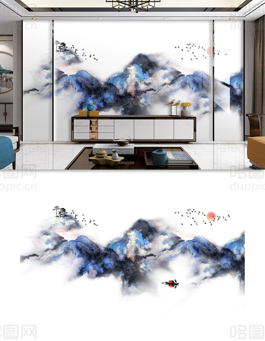 新中式中国风山水背景墙-哆图网