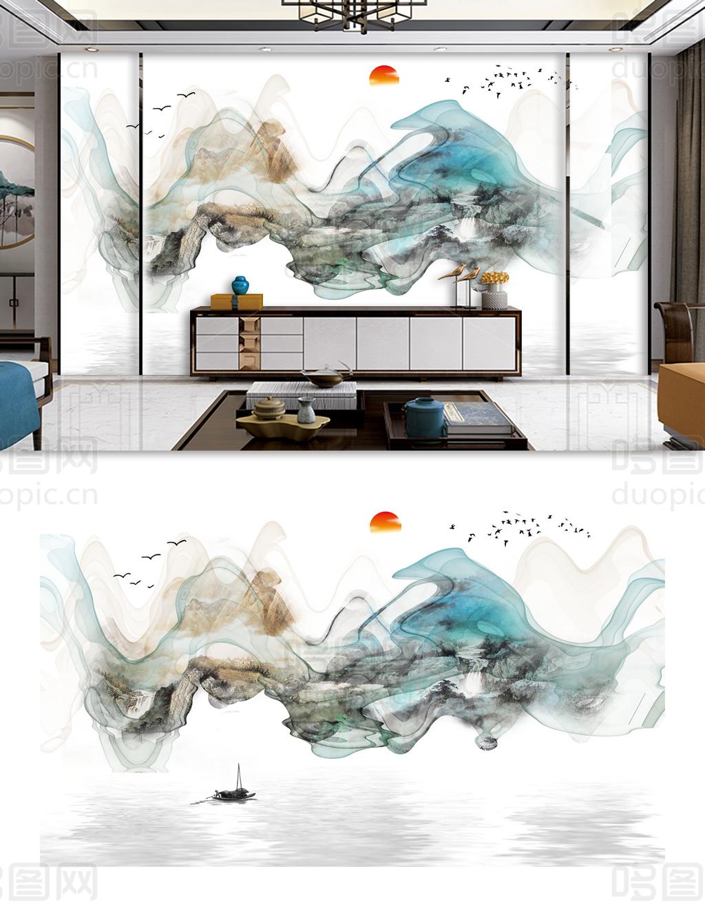 新中式中国风山水背景墙-哆图网