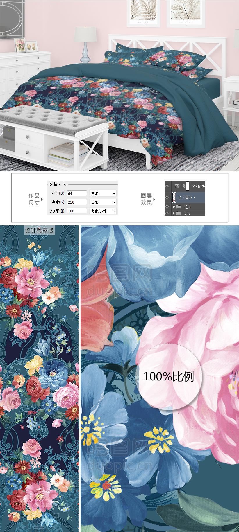 欧式田园花轻奢家纺床品印花花型