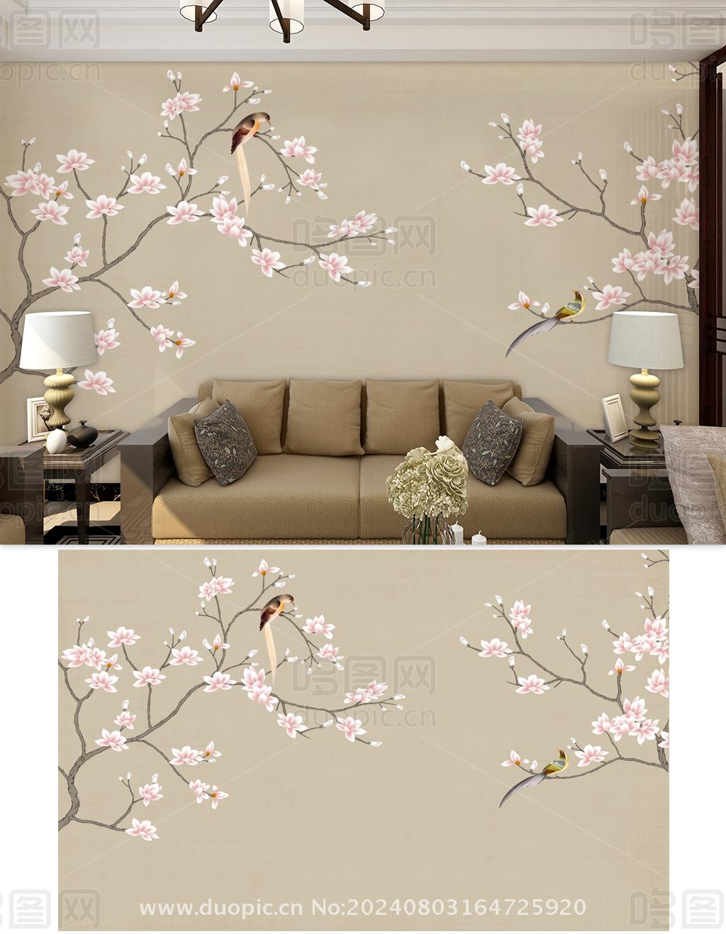 中式花鸟背景墙-哆图网