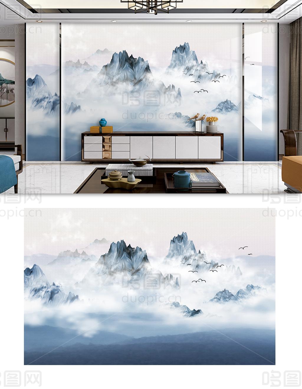 新中式中国风山水背景墙-哆图网