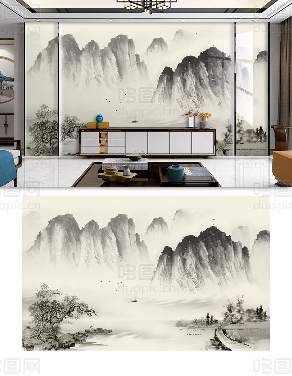 新中式中国风山水背景墙-哆图网